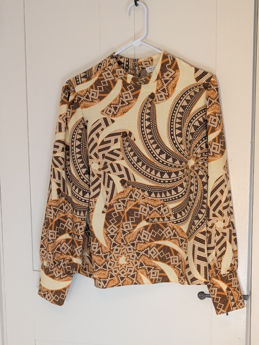Rachel Zoe Blouse Brown Cream Tan Aztec Swirl-Print Long Gathered Sleeve L Top - Picture 2 of 15